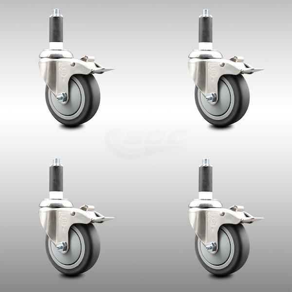 4 Inch 316SS Thermoplastic Rubber Swivel 1 Inch Stem Caster Set Lock Brake